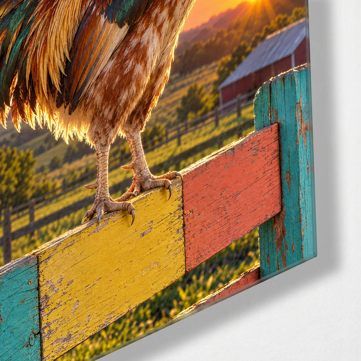 Rooster at Sunrise — corner detail of glass wall art