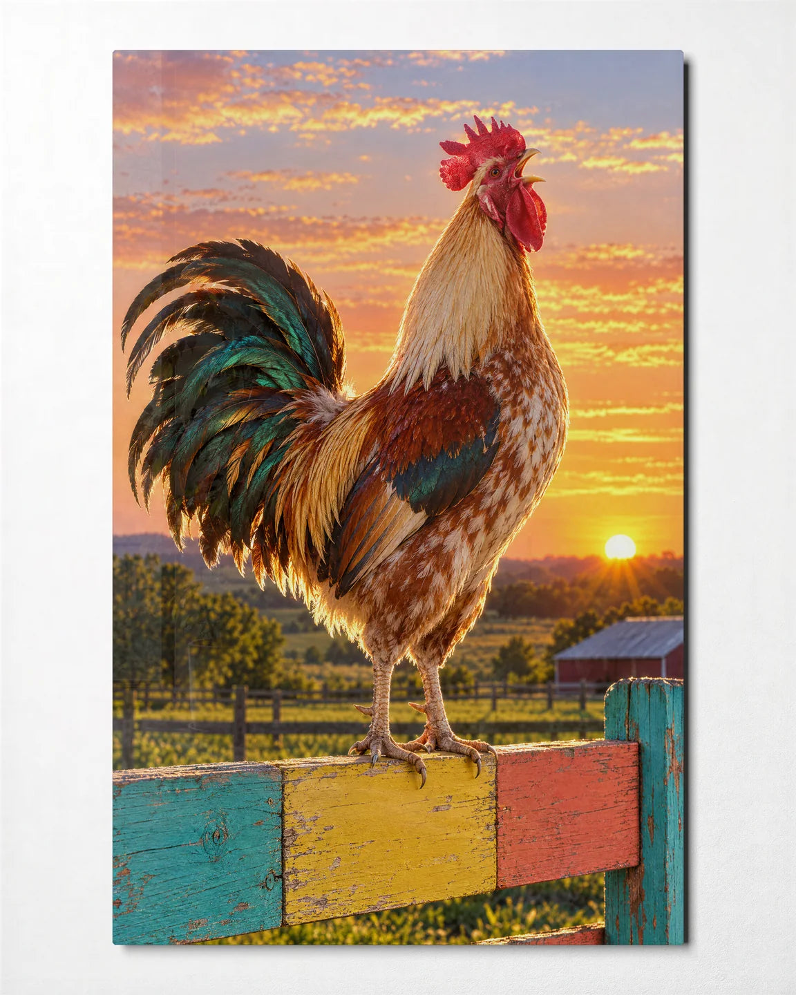 Rooster at Sunrise — front view of glass wall art