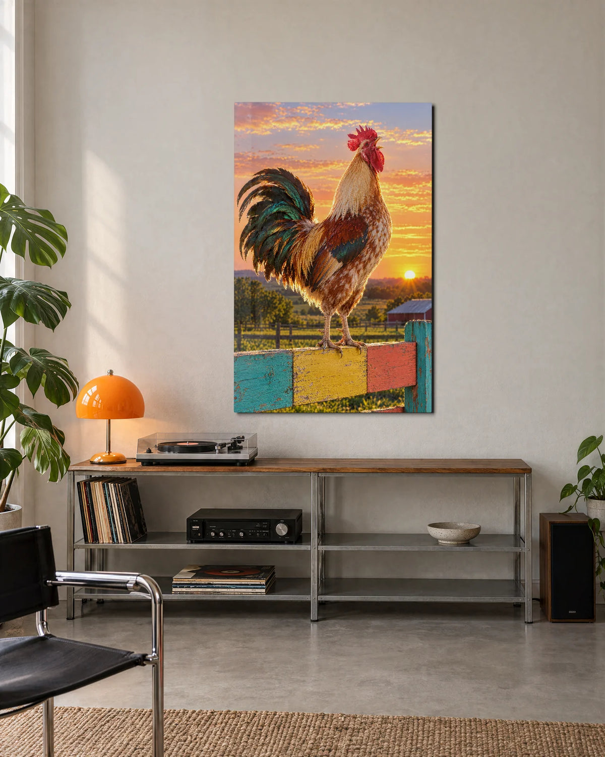 Rooster at Sunrise — shown in a living space