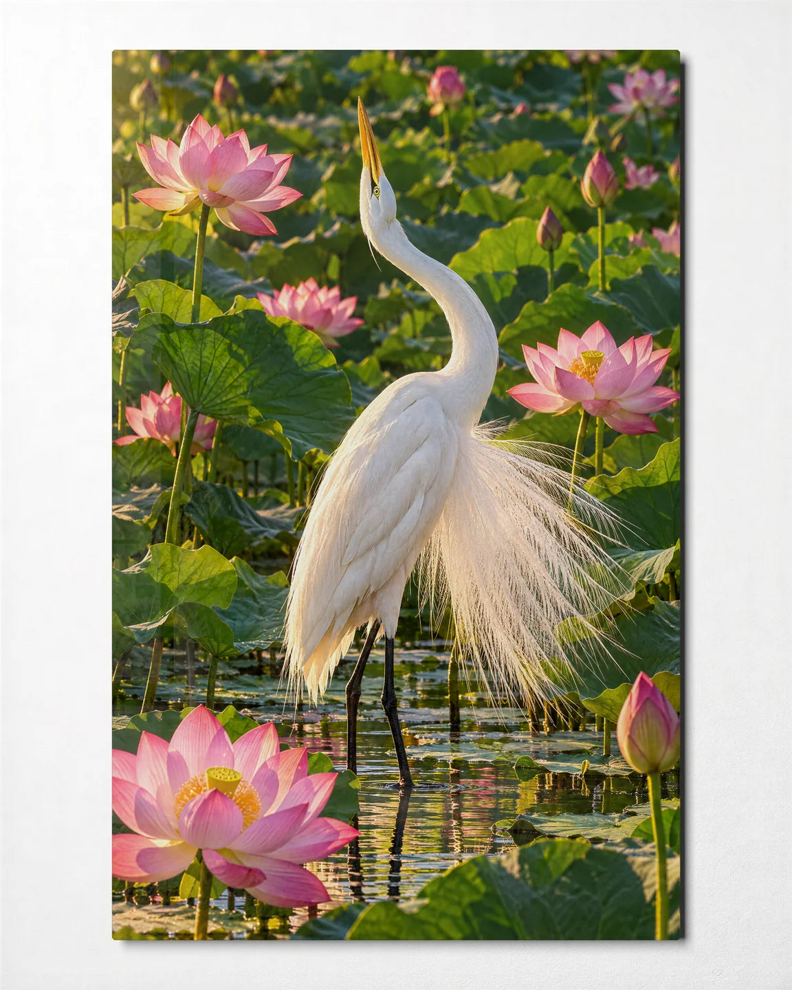 Egret in the Lotus — front view of glass wall art