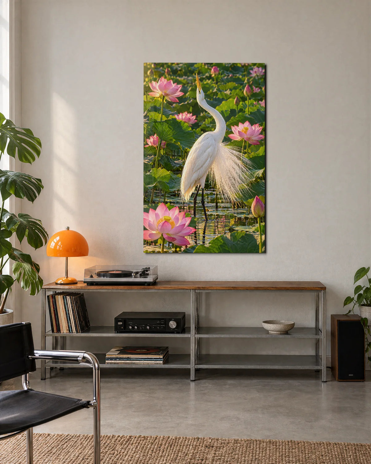 Egret in the Lotus — shown in a living space