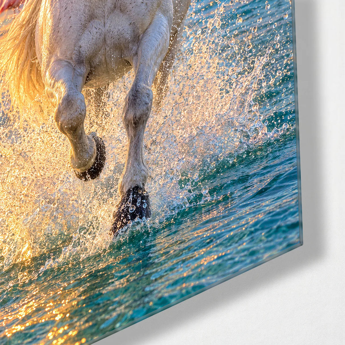 White Horse Among Flamingos — corner detail of glass wall art