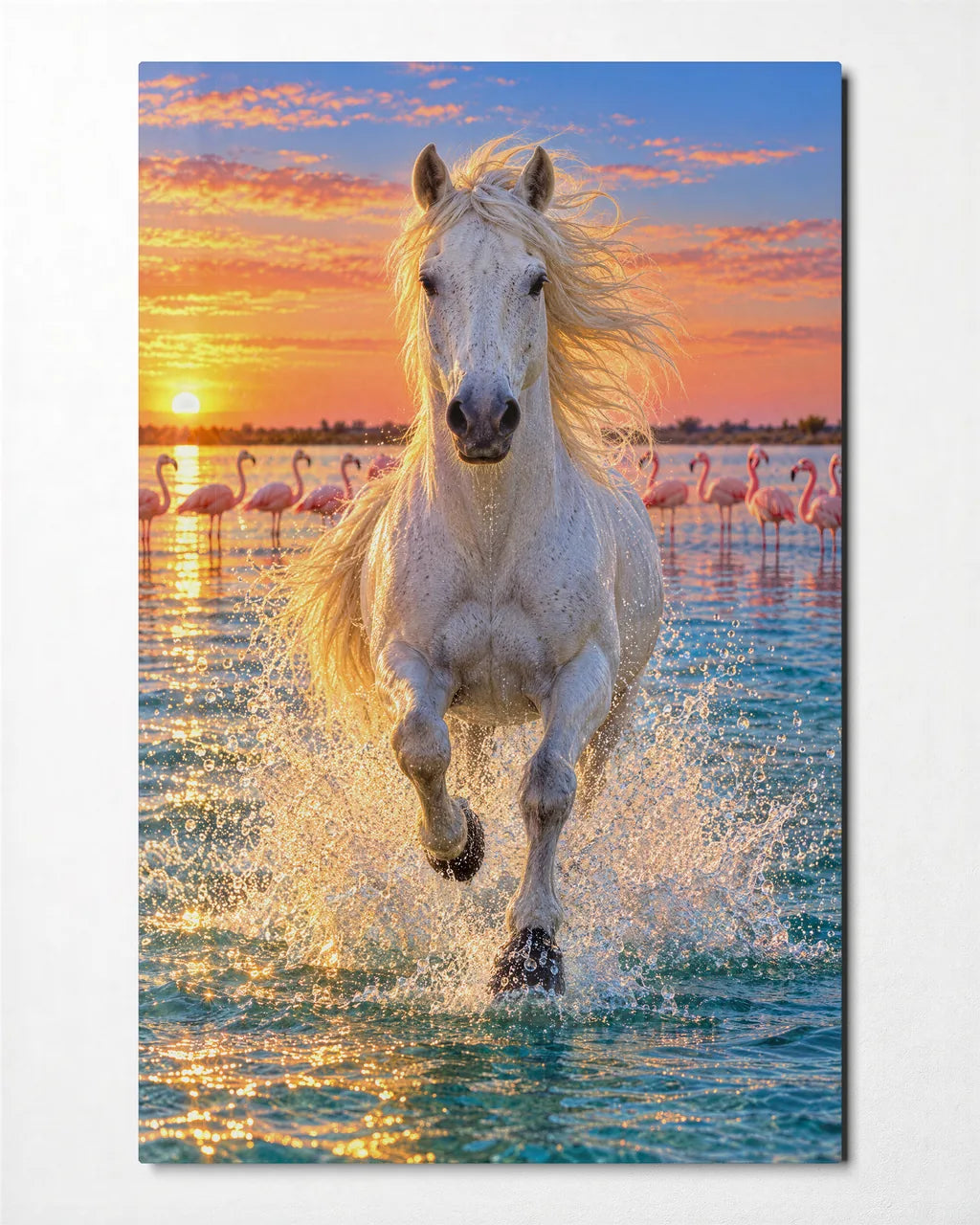 White Horse Among Flamingos — front view of glass wall art