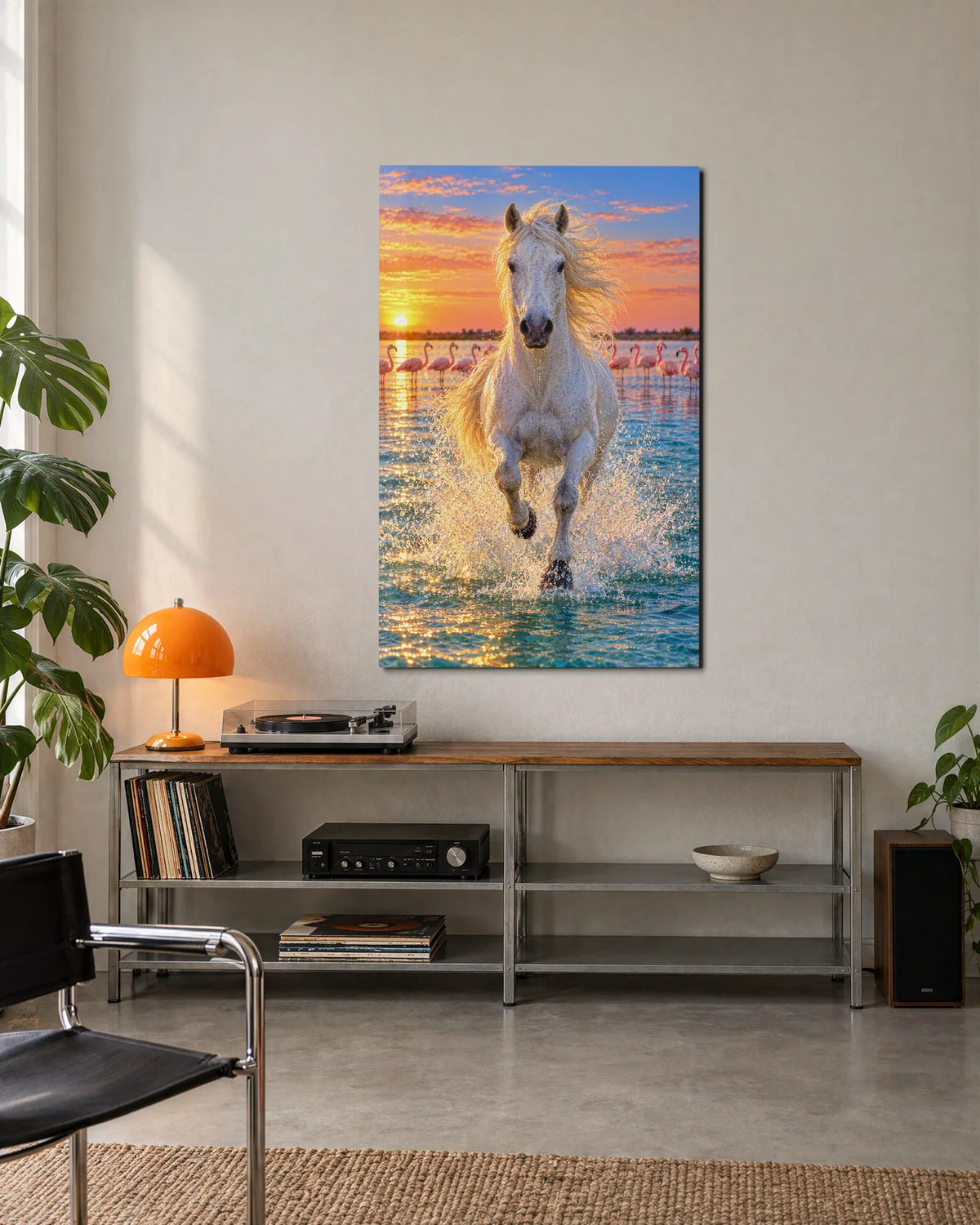 White Horse Among Flamingos — shown in a living space