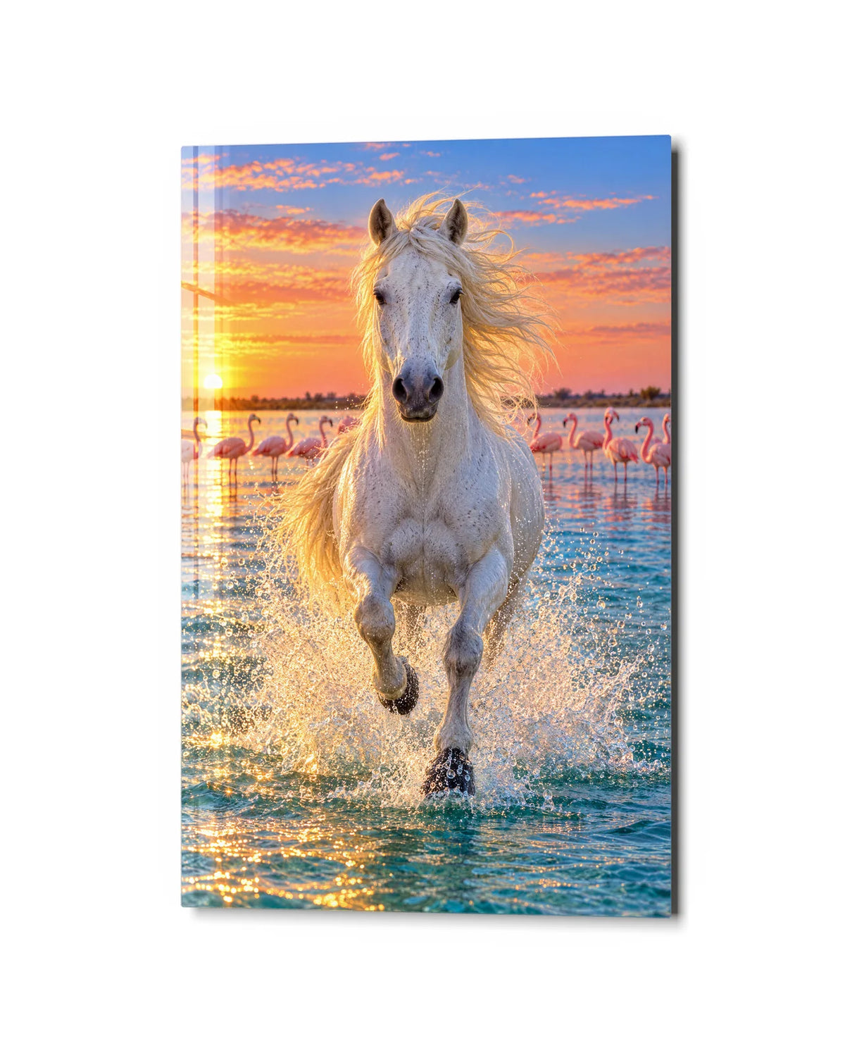 White Horse Among Flamingos — studio view of glass wall art