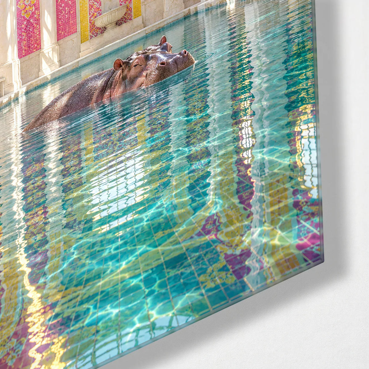 Hippo in the Bathhouse — corner detail of glass wall art