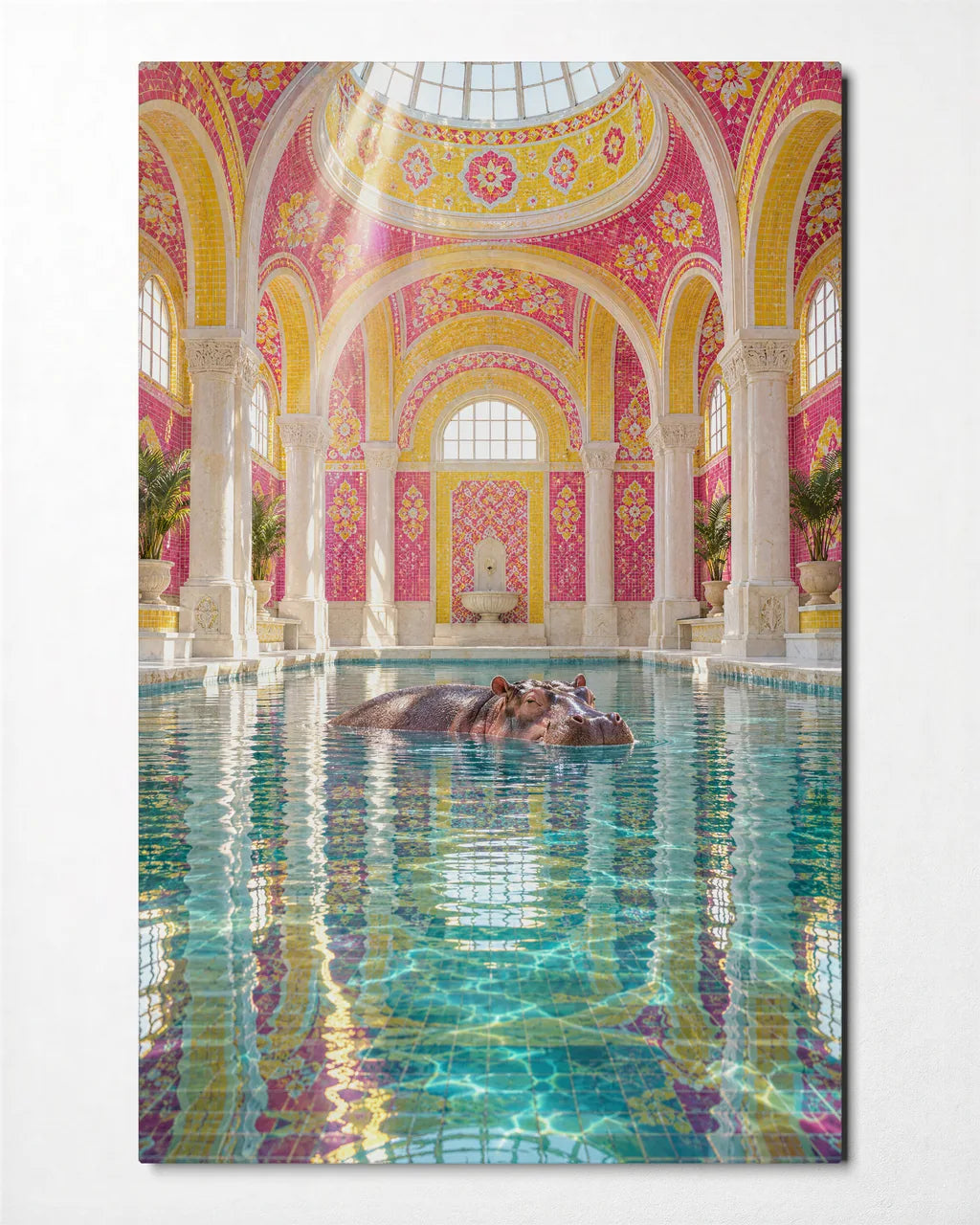 Hippo in the Bathhouse — front view of glass wall art