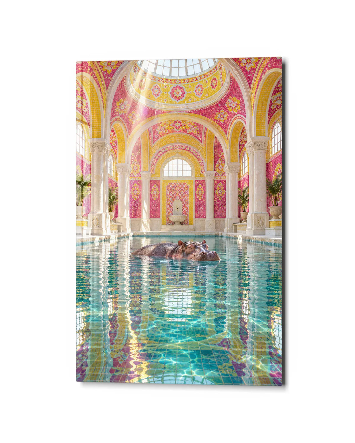Hippo in the Bathhouse — studio view of glass wall art