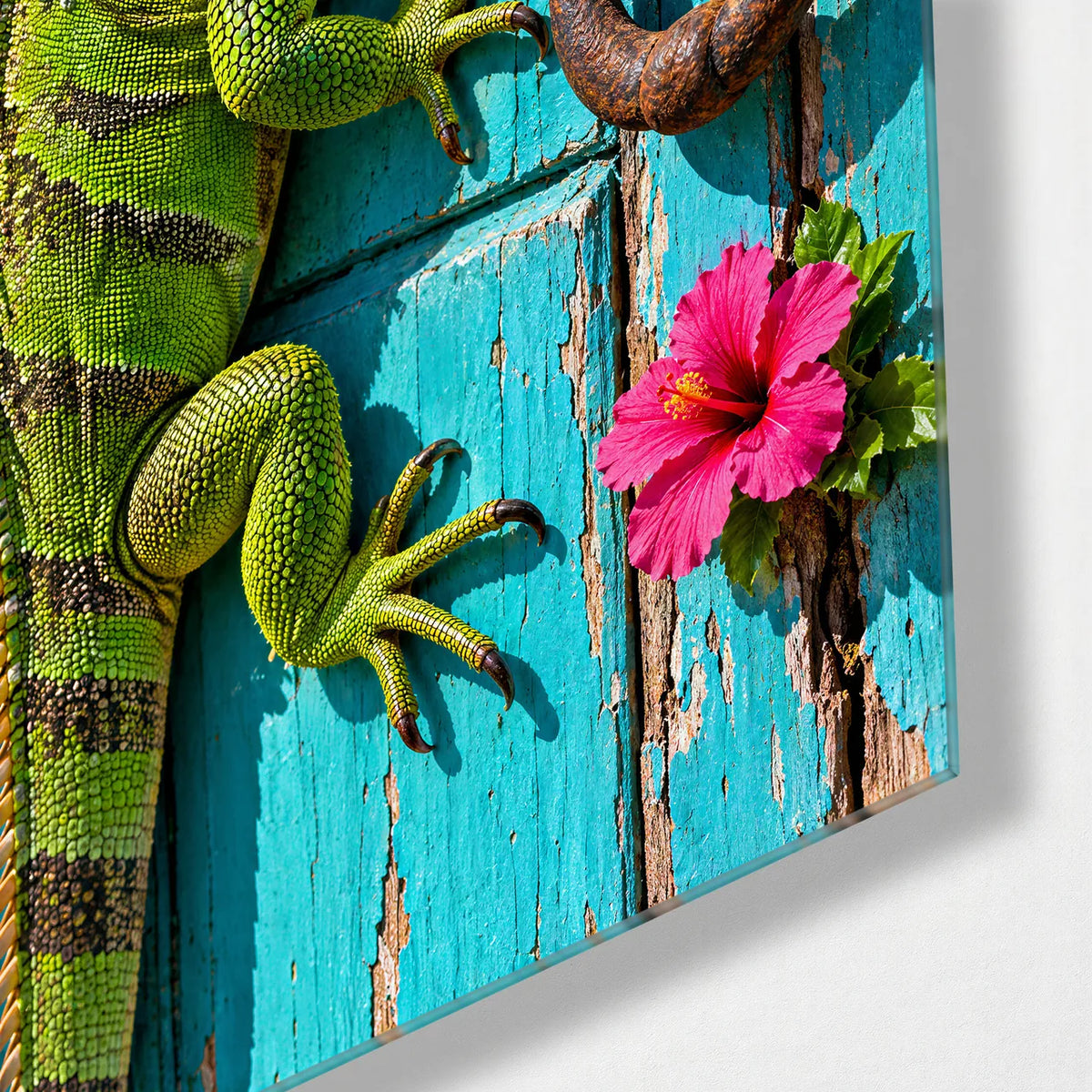 Iguana on the Blue Door — corner detail of glass wall art