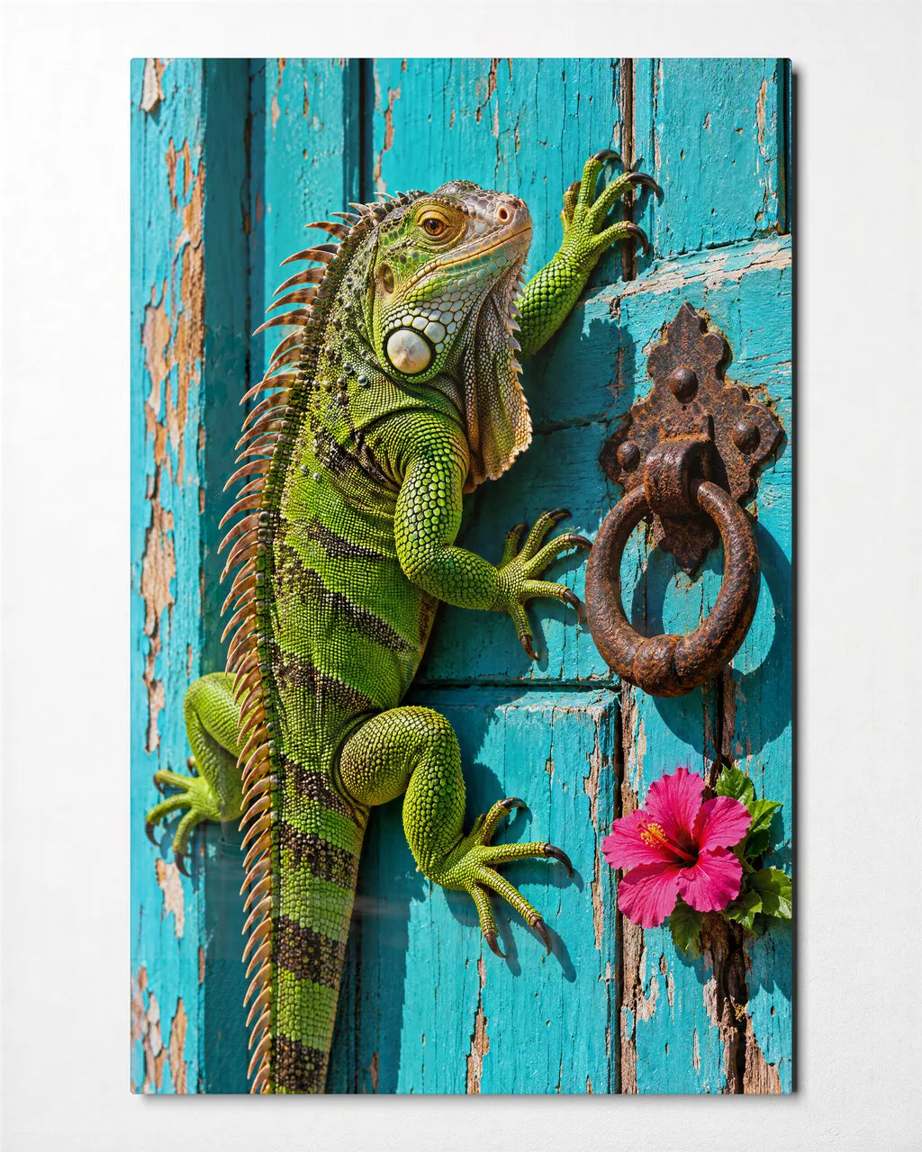 Iguana on the Blue Door — front view of glass wall art