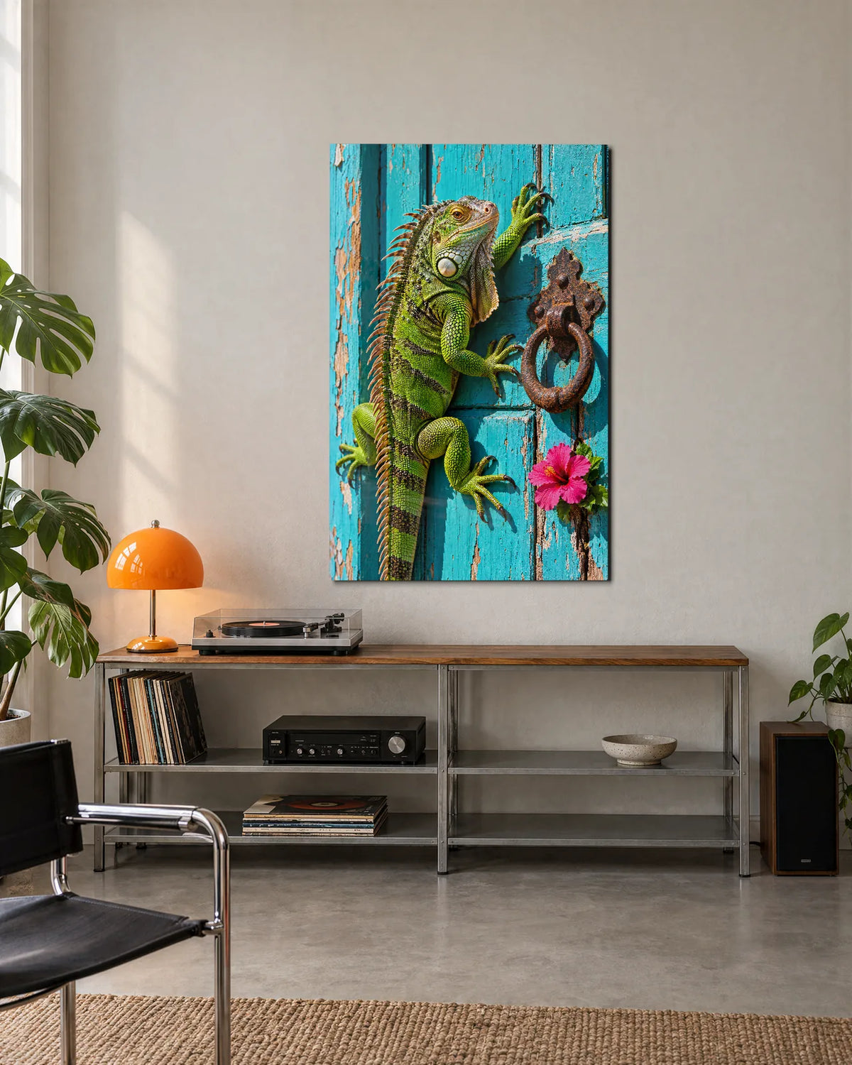 Iguana on the Blue Door — shown in a living space