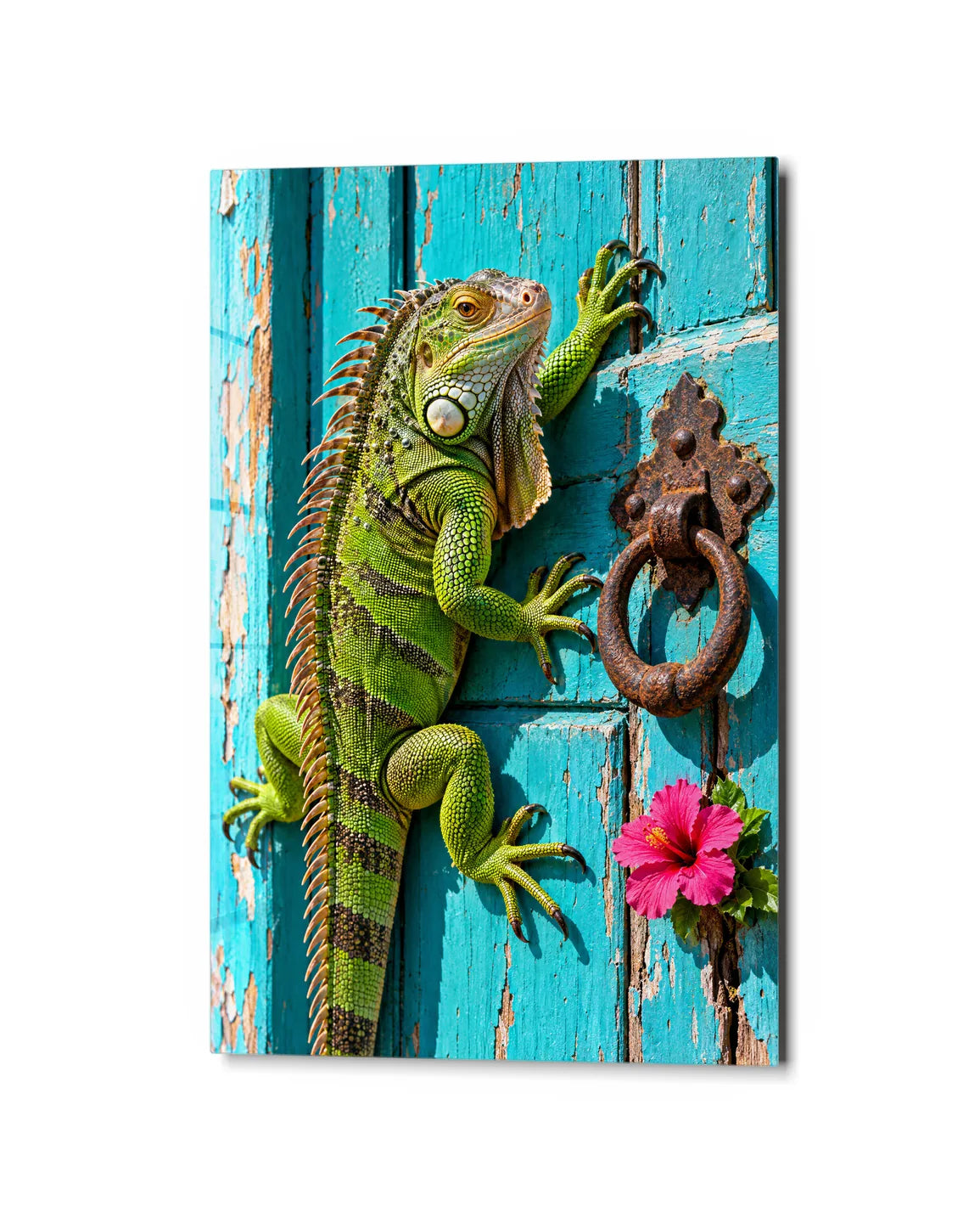 Iguana on the Blue Door — studio view of glass wall art