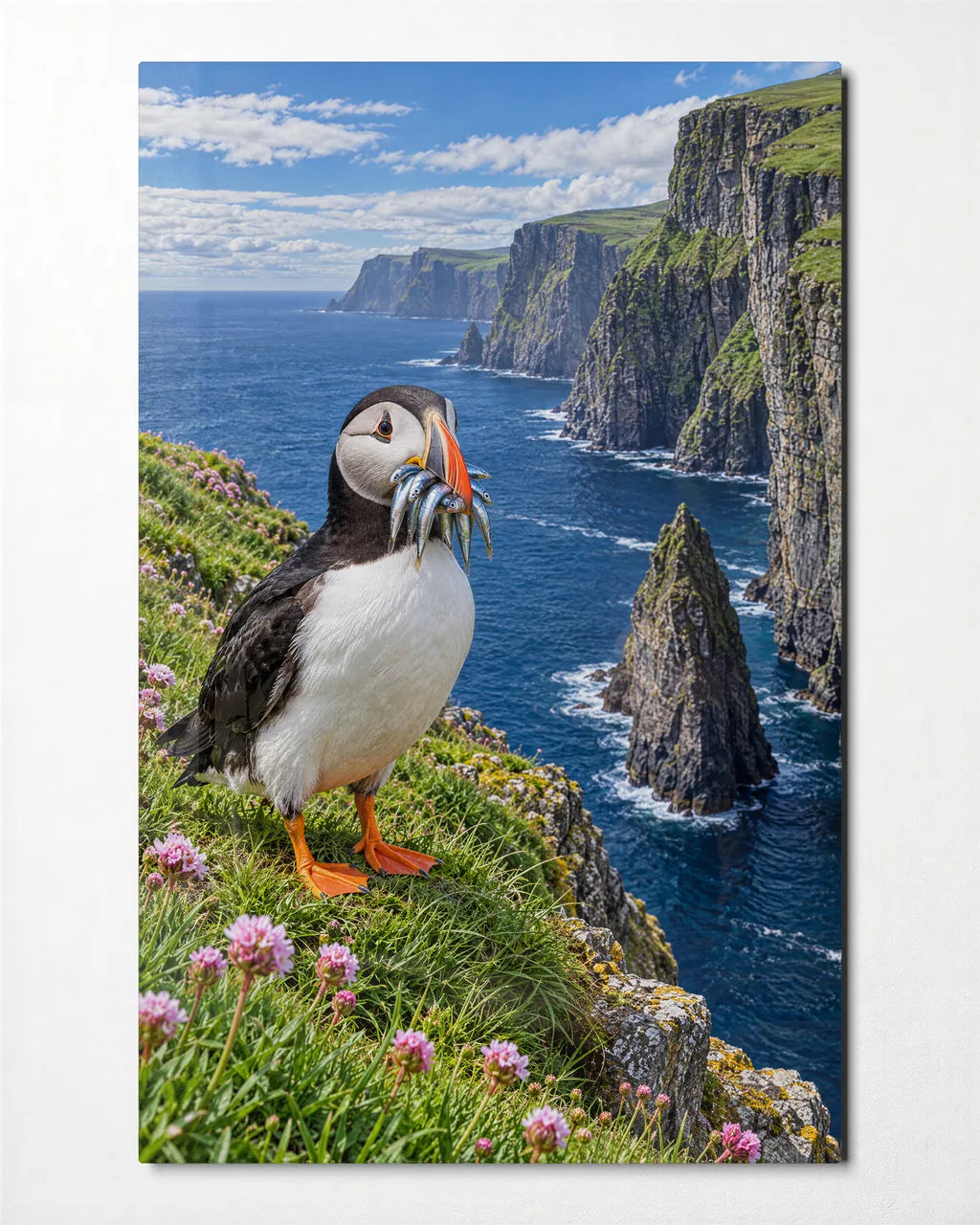 Puffin with a Catch — front view of glass wall art