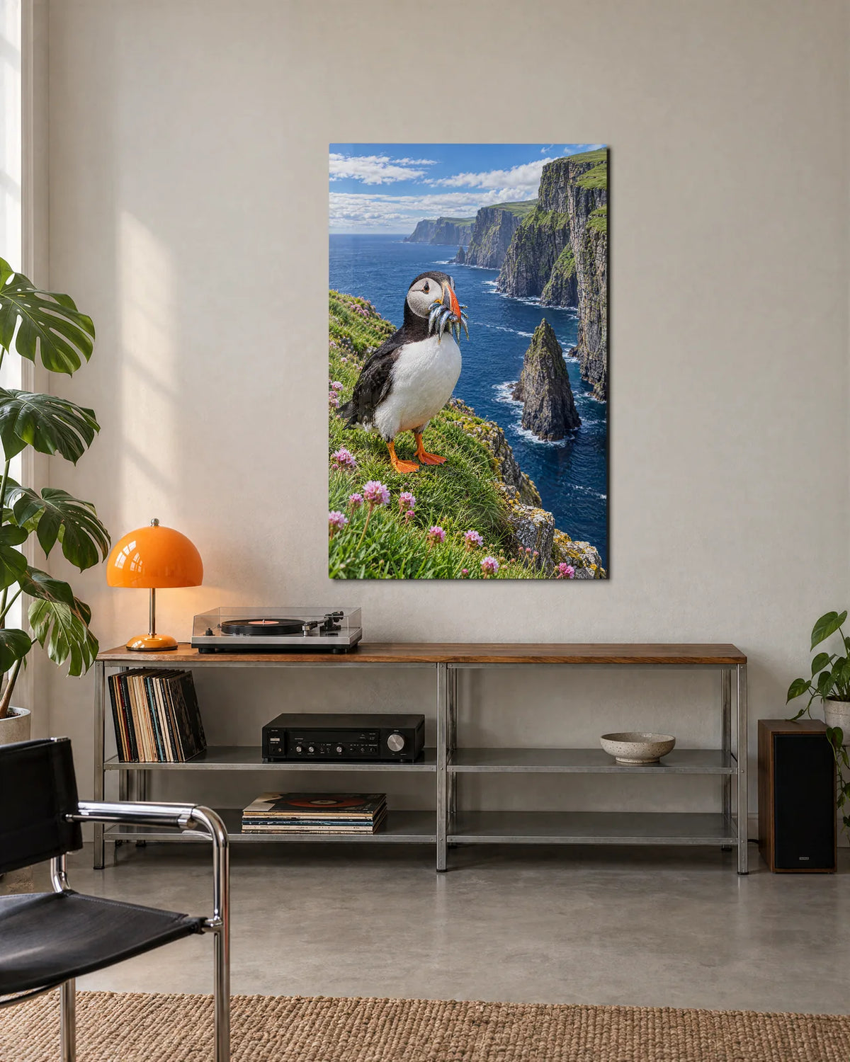 Puffin with a Catch — shown in a living space