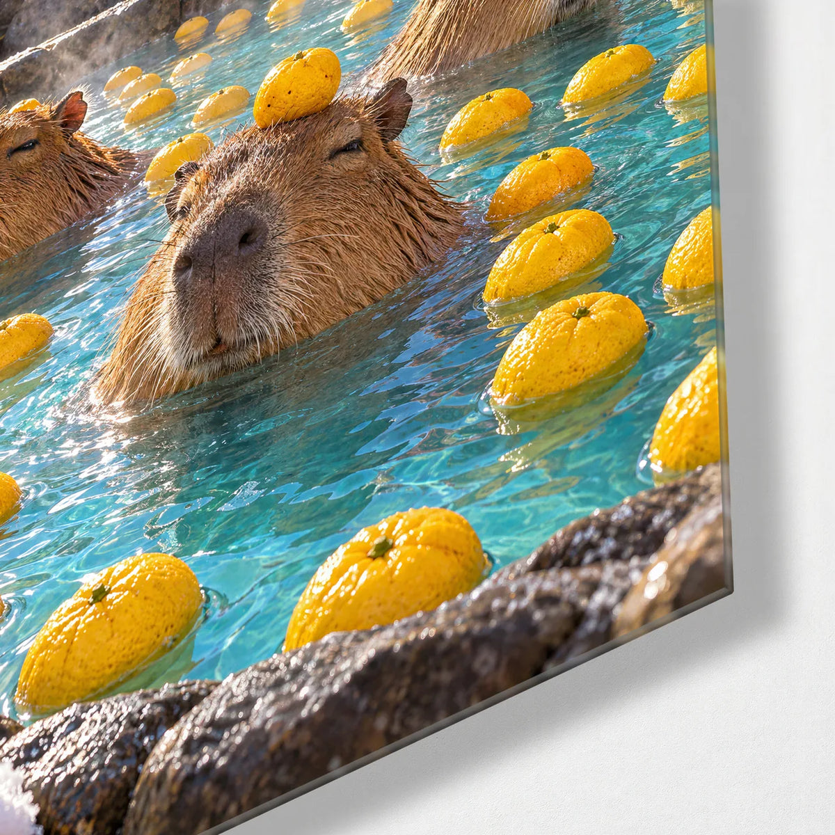 Capybaras in the Yuzu Bath — corner detail of glass wall art