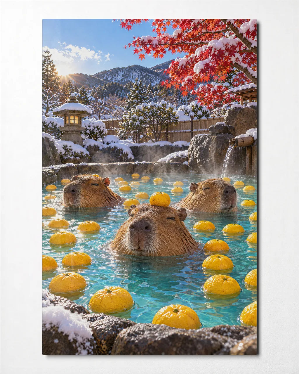 Capybaras in the Yuzu Bath — front view of glass wall art