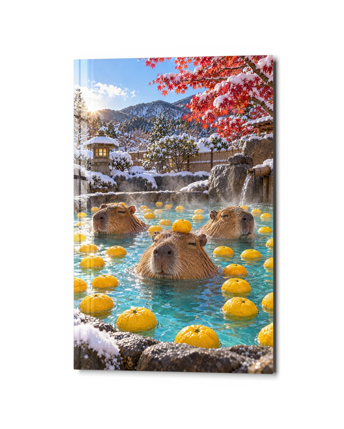 Capybaras in the Yuzu Bath — studio view of glass wall art