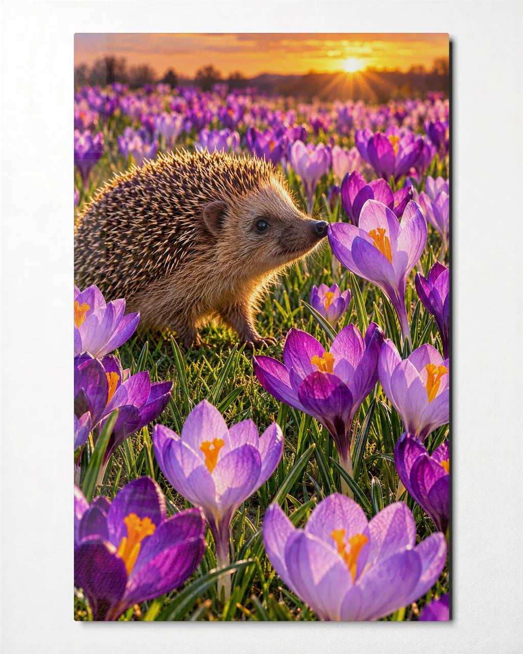 Hedgehog in the Crocuses — front view of glass wall art
