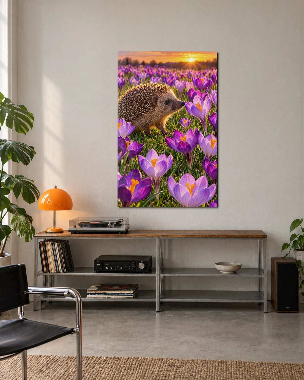 Hedgehog in the Crocuses — shown in a living space