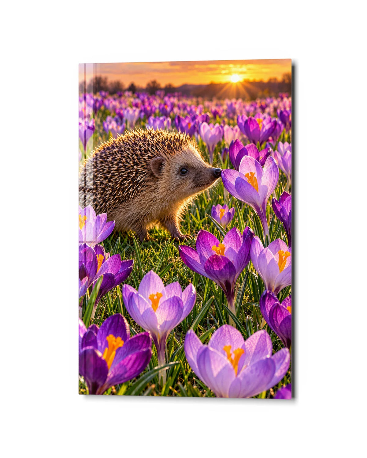 Hedgehog in the Crocuses — studio view of glass wall art