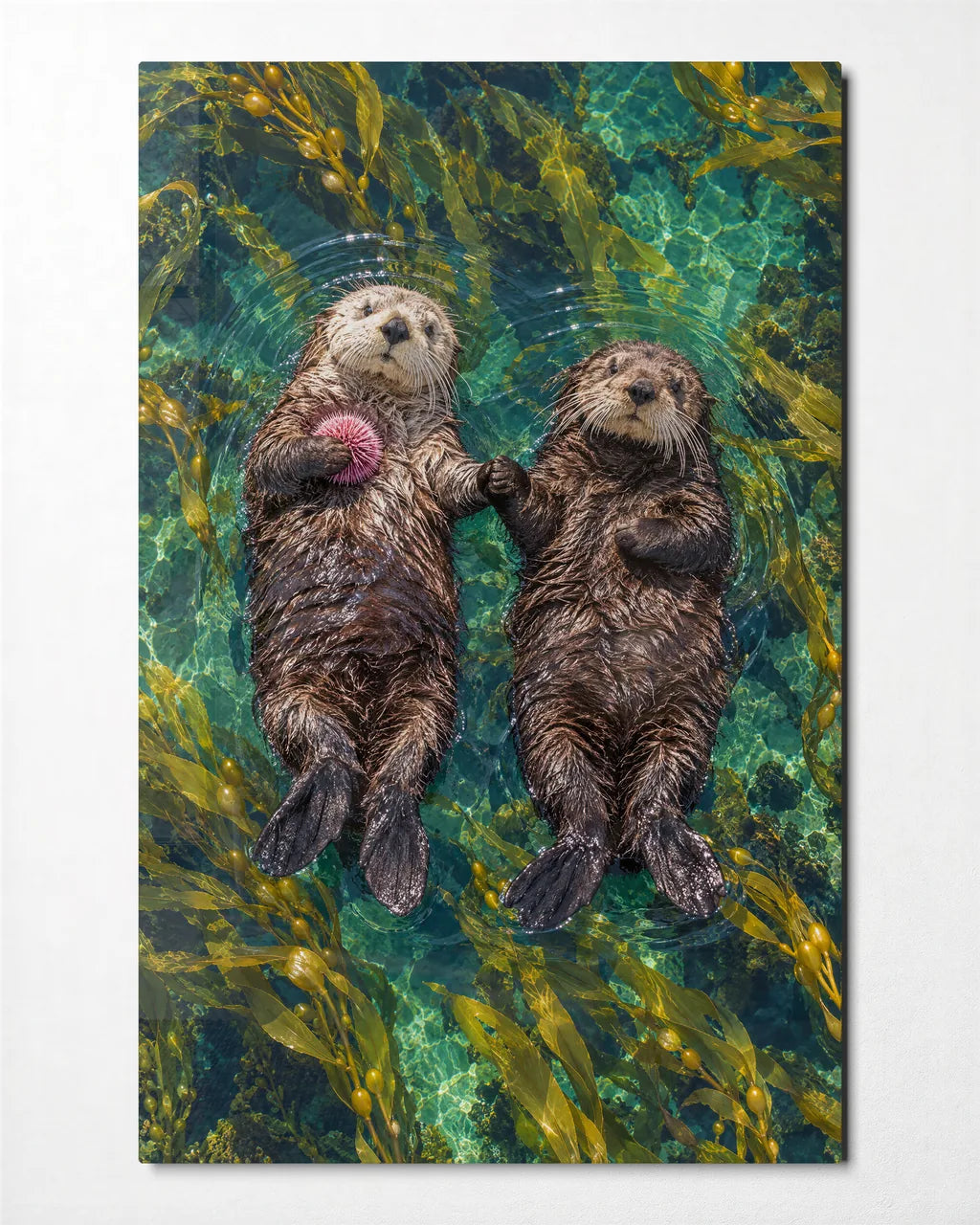 Otters Holding Hands — front view of glass wall art