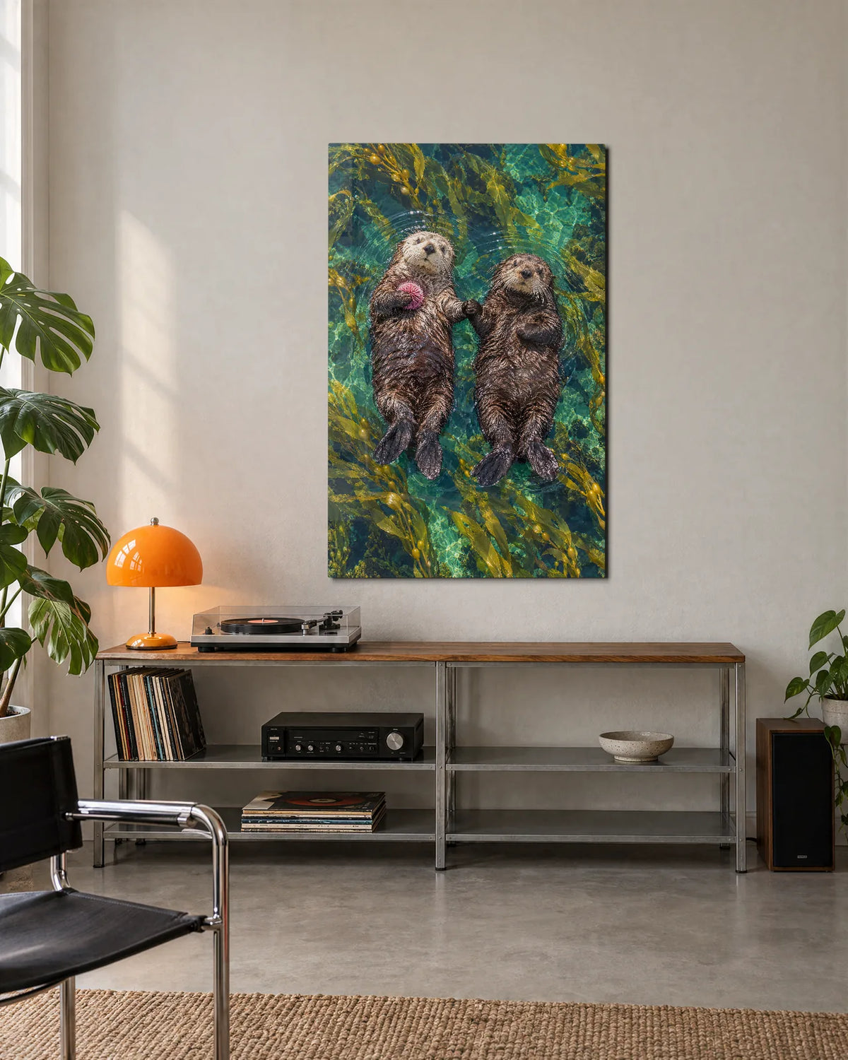 Otters Holding Hands — shown in a living space