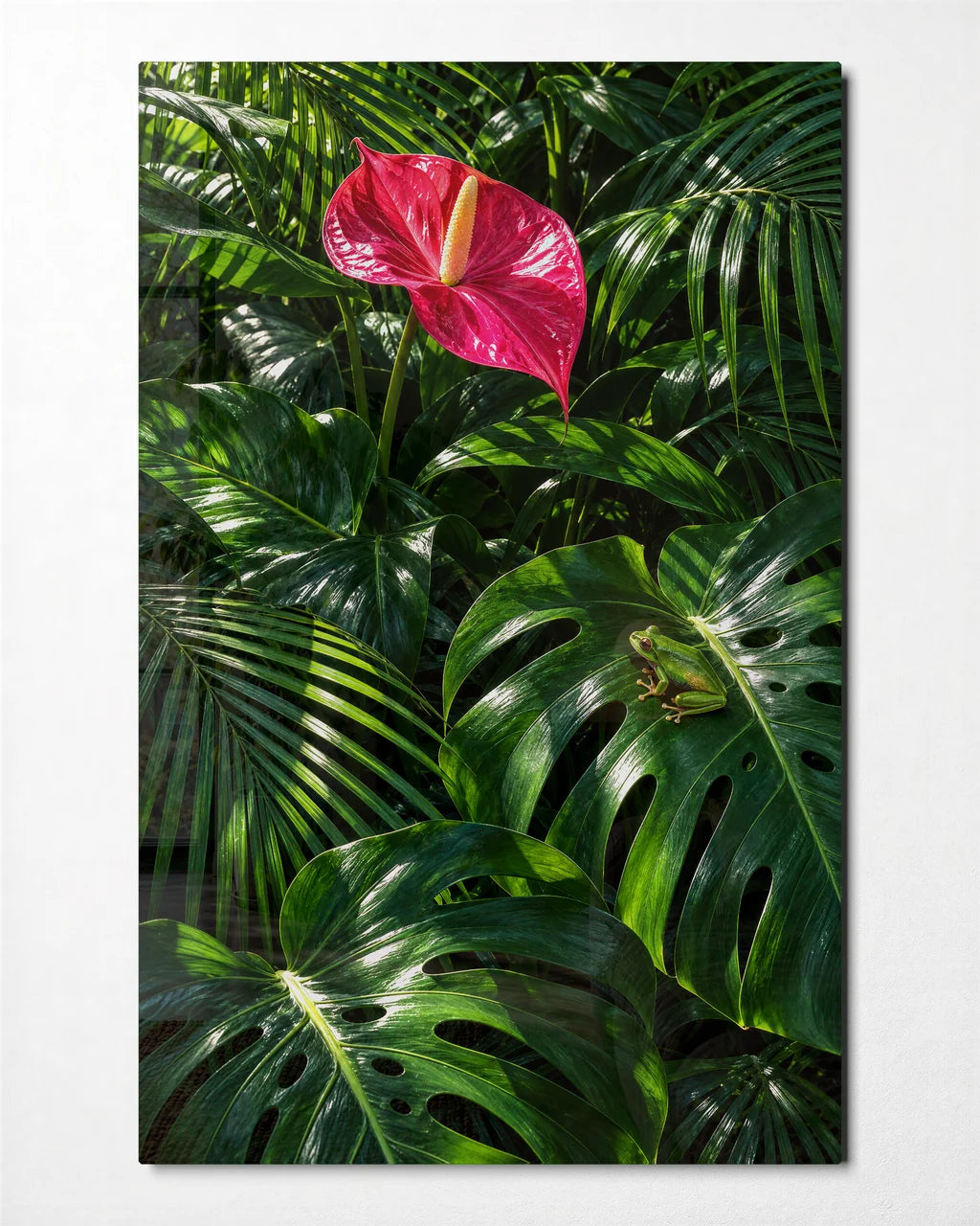 One Pink in the Green — front view of glass wall art