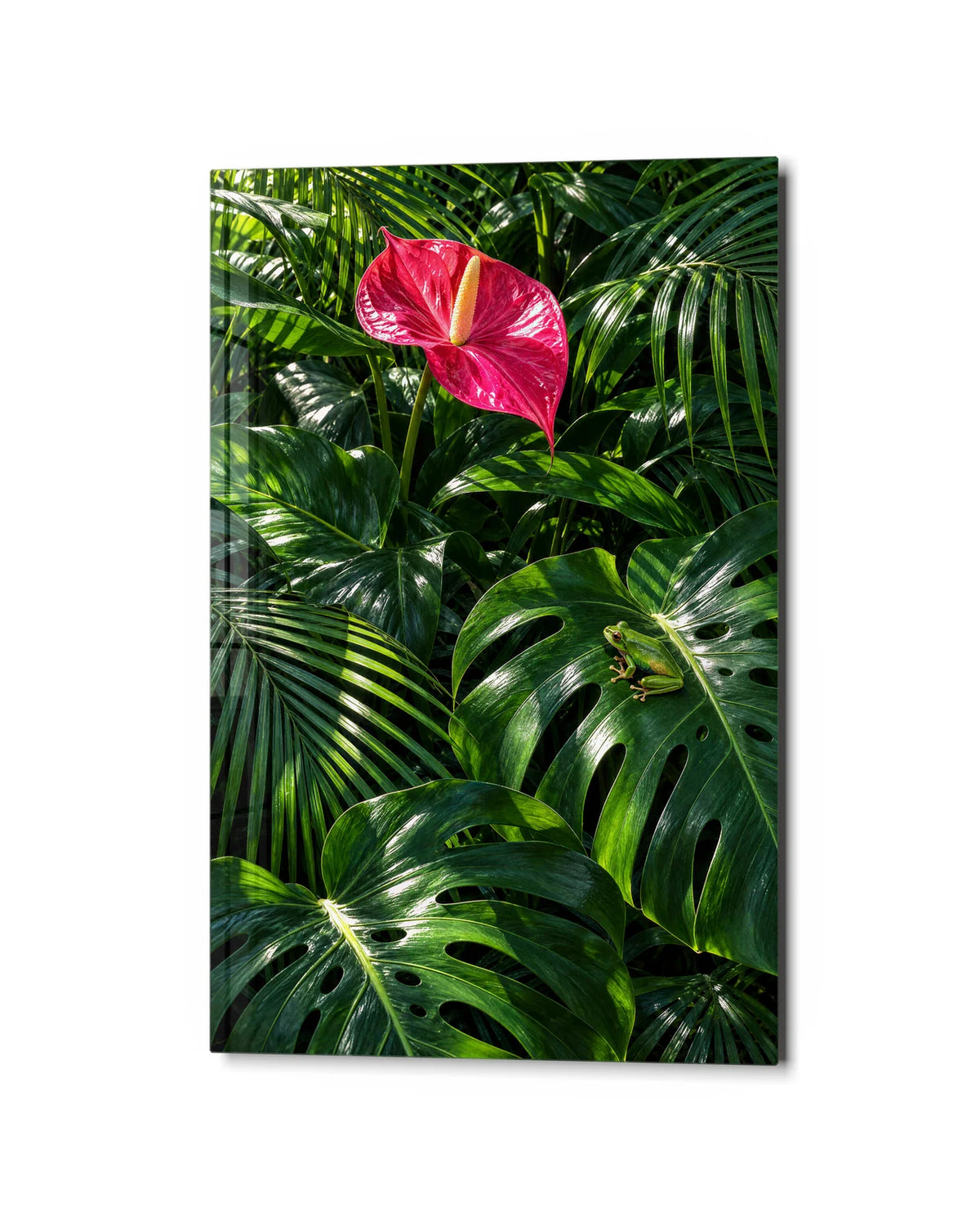 One Pink in the Green — studio view of glass wall art