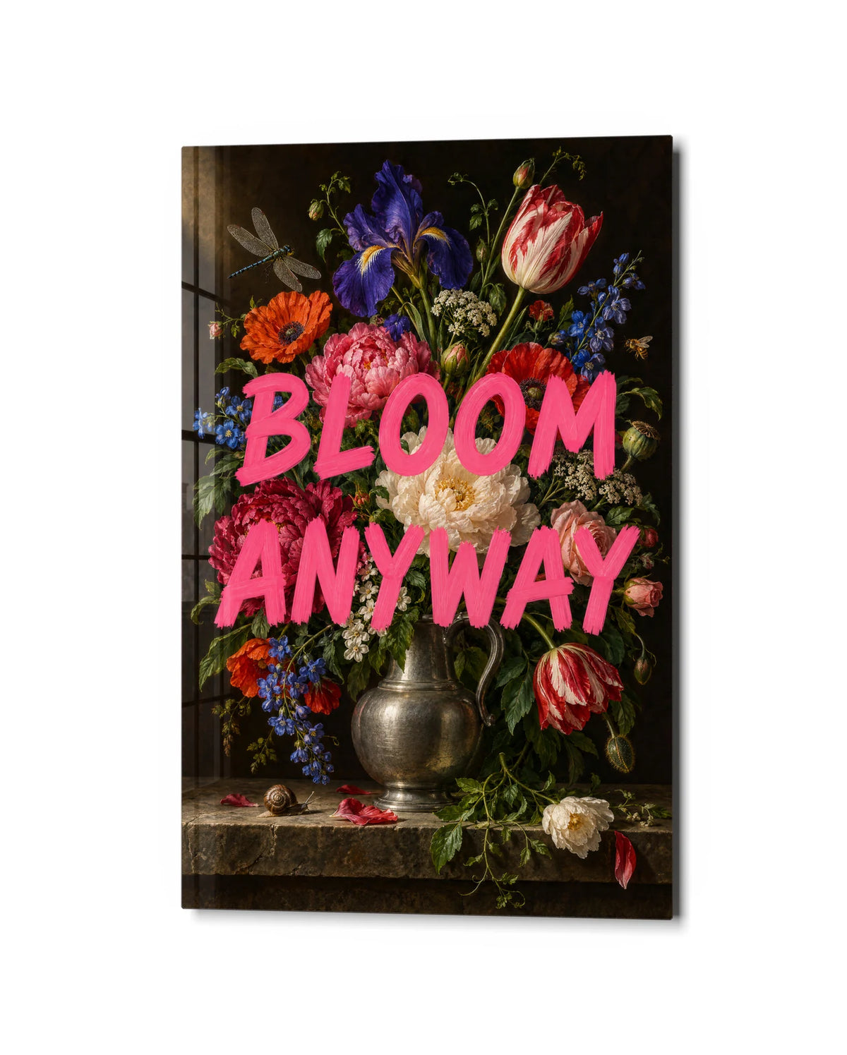 Bloom Anyway — studio view of glass wall art