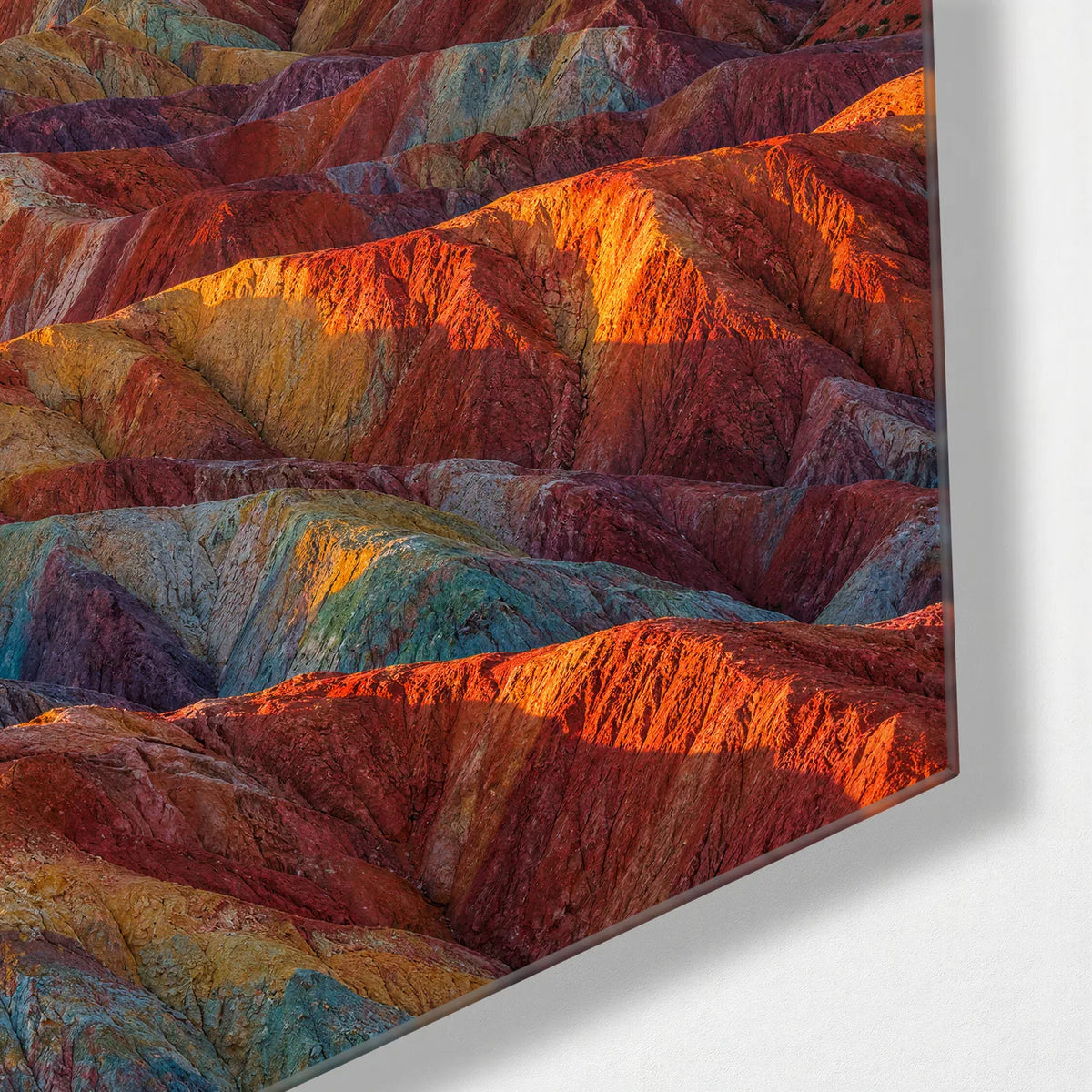Rainbow Mountains — corner detail of glass wall art