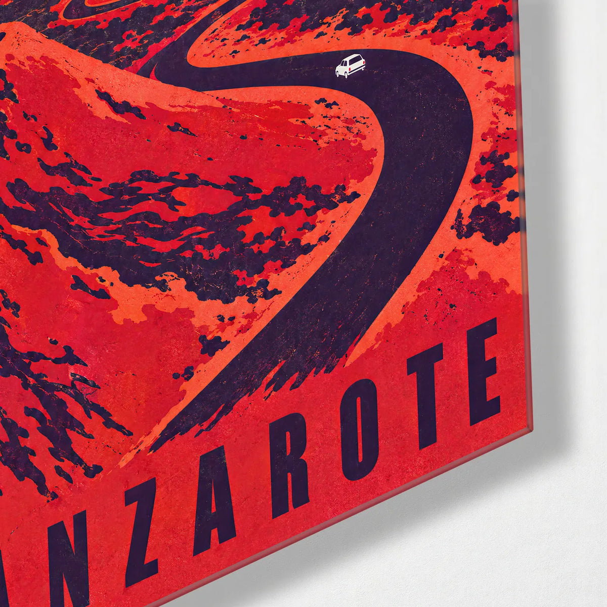 Red Volcano Road — corner detail of glass wall art