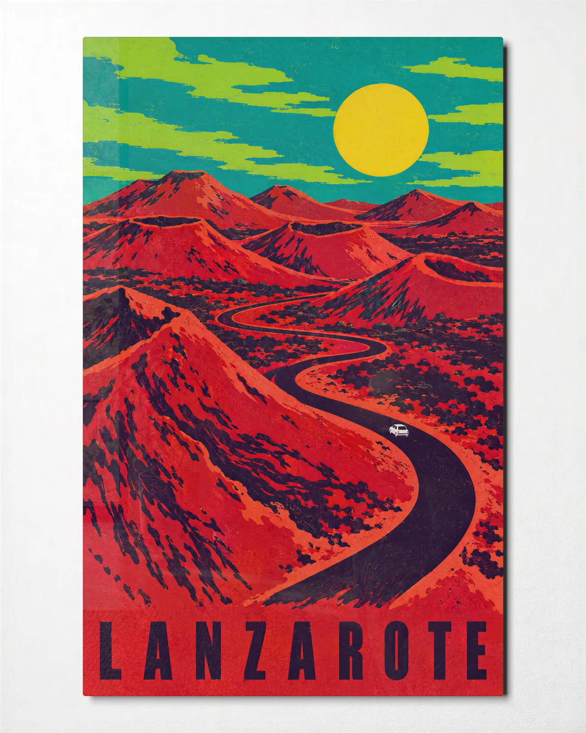 Red Volcano Road — front view of glass wall art