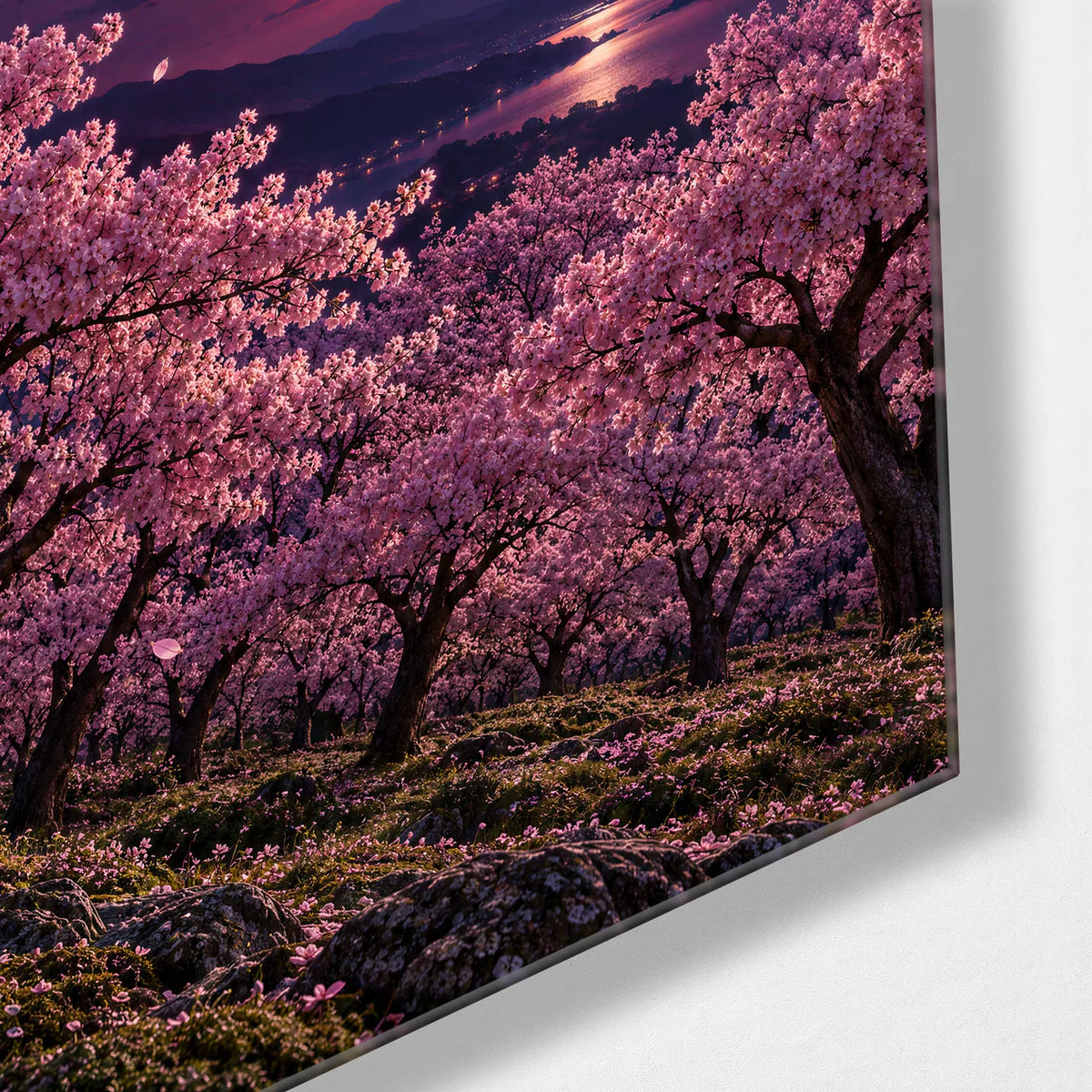 Moon Through the Blossom — corner detail of glass wall art