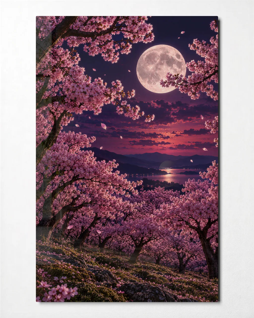 Moon Through the Blossom — front view of glass wall art