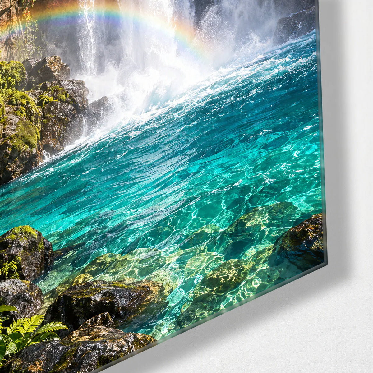 Rainbow in the Falls — corner detail of glass wall art
