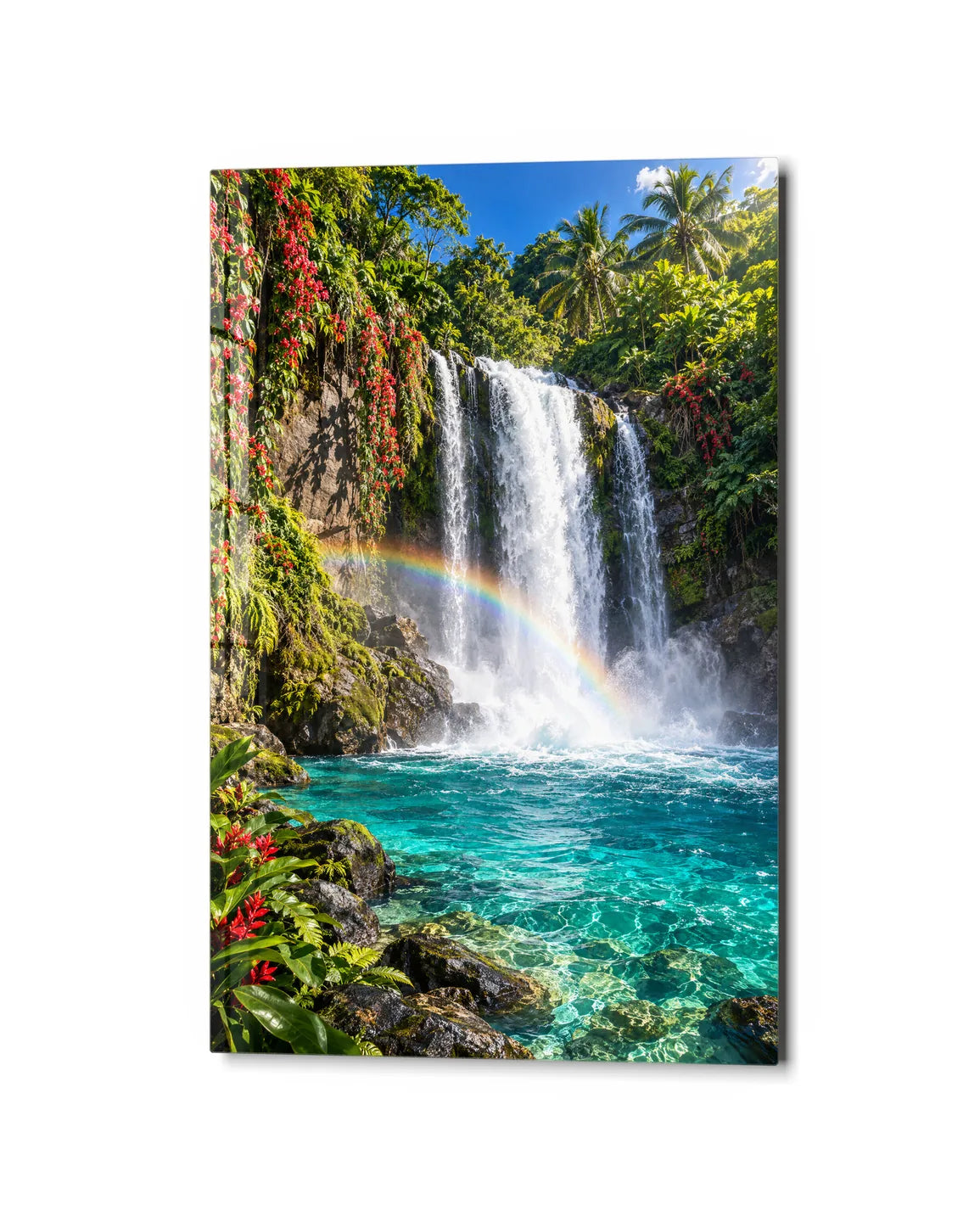 Rainbow in the Falls — studio view of glass wall art