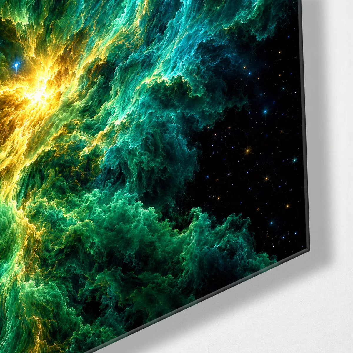 Emerald Nebula — corner detail of glass wall art