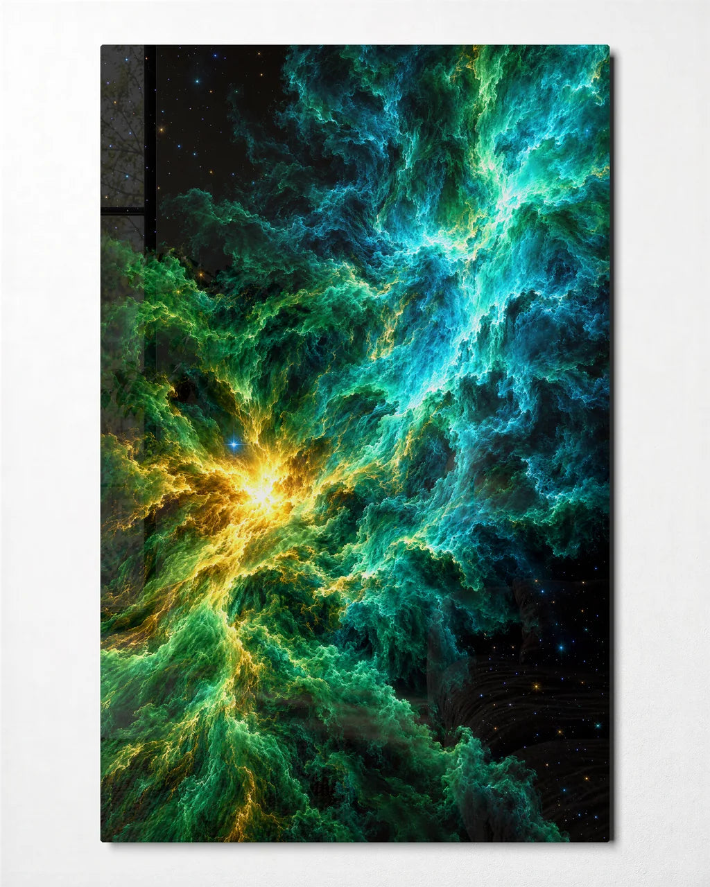 Emerald Nebula — front view of glass wall art