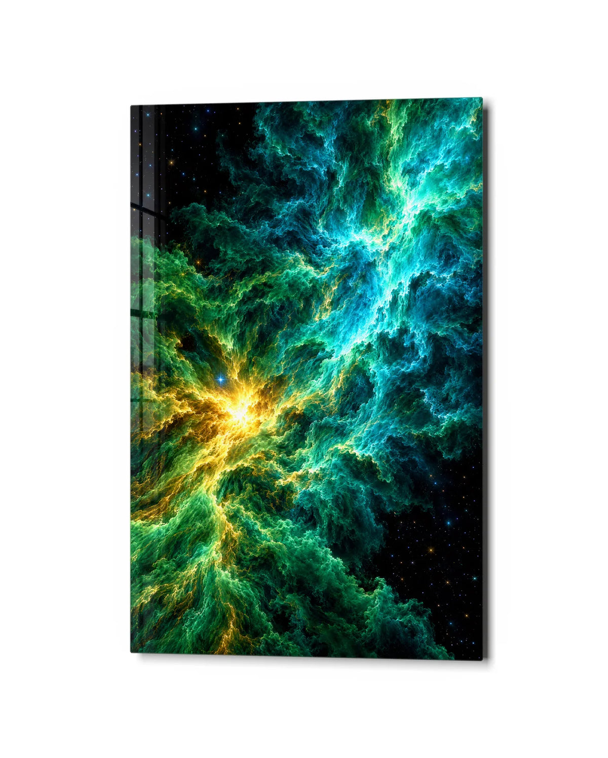 Emerald Nebula — studio view of glass wall art