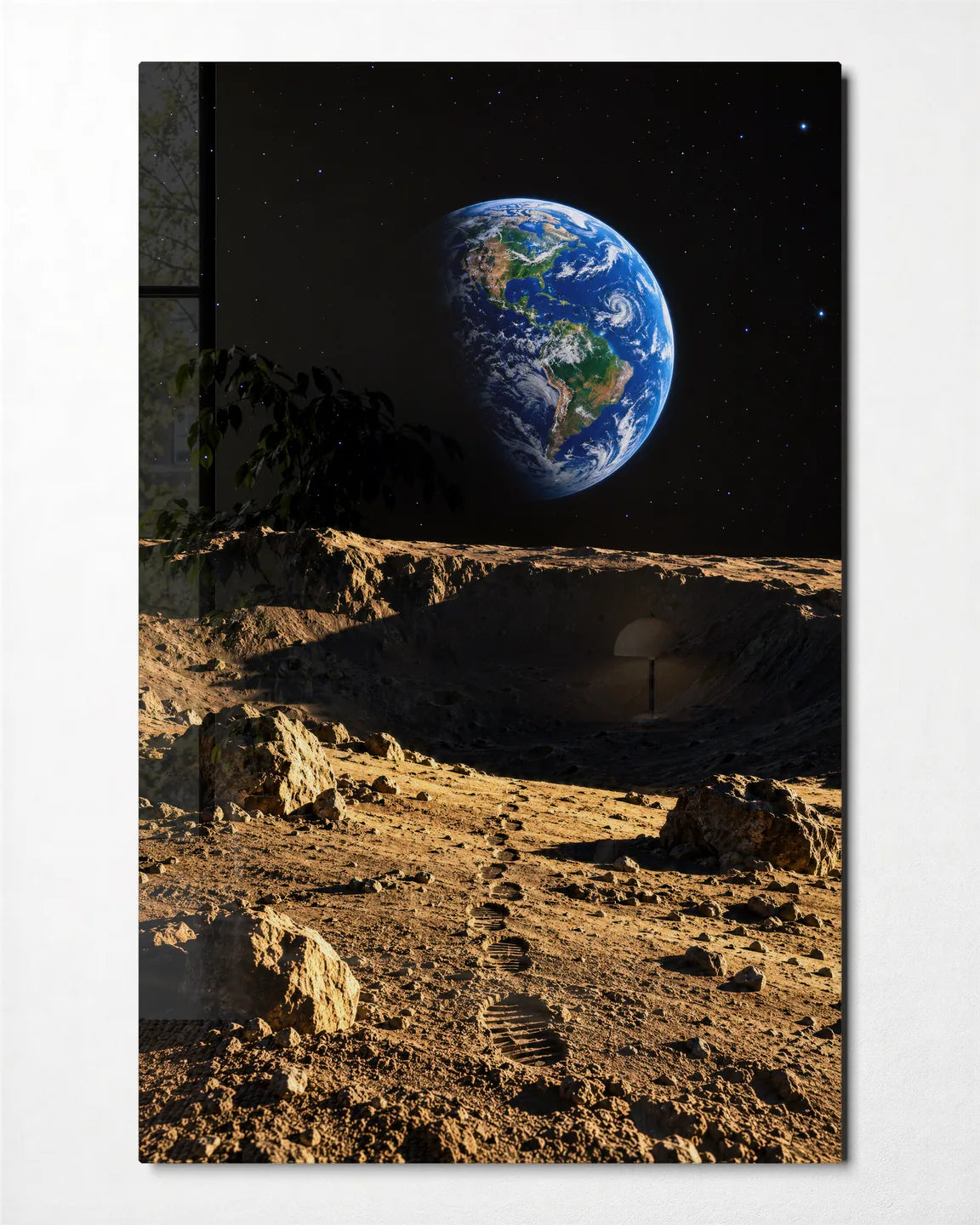 Earthrise in Gold — front view of glass wall art