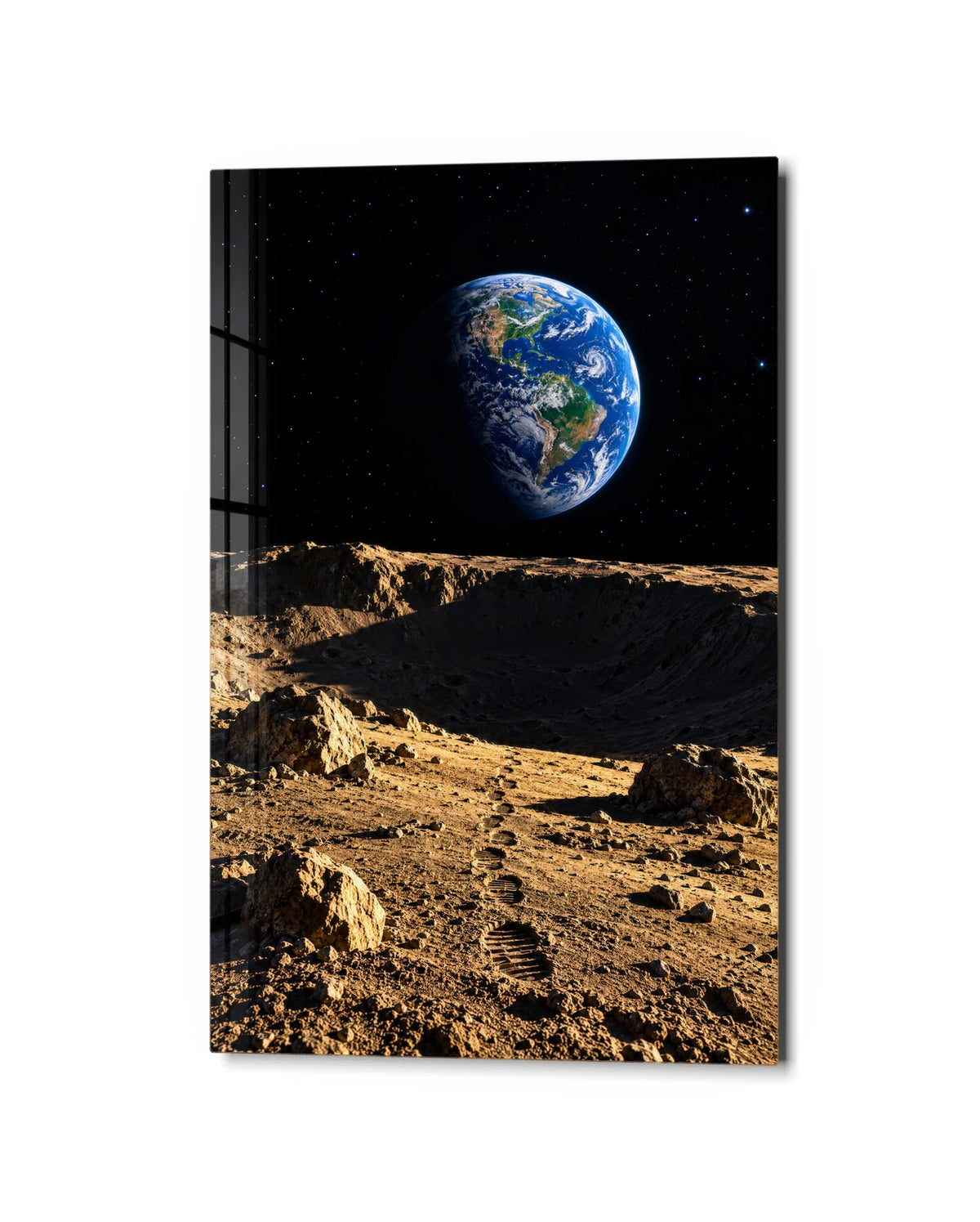 Earthrise in Gold — studio view of glass wall art