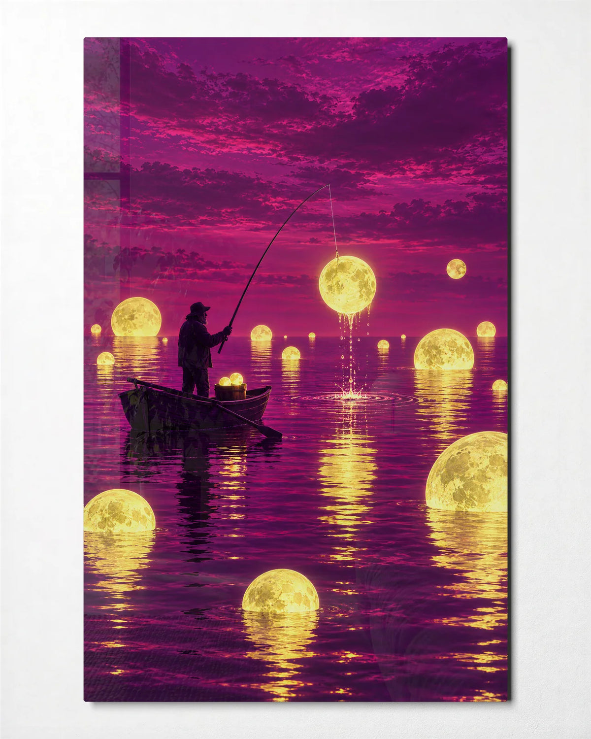 Fishing for Moons — front view of glass wall art