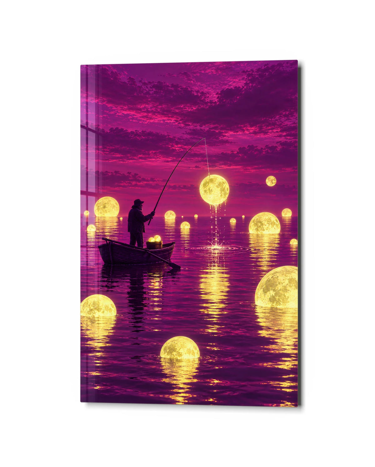 Fishing for Moons — studio view of glass wall art