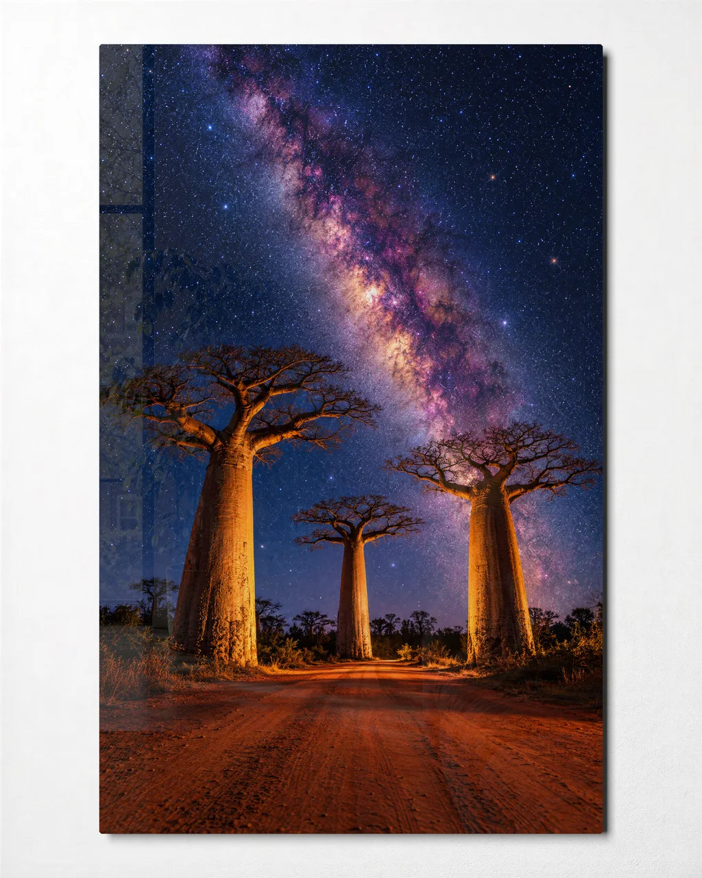Baobabs Under the Milky Way — front view of glass wall art