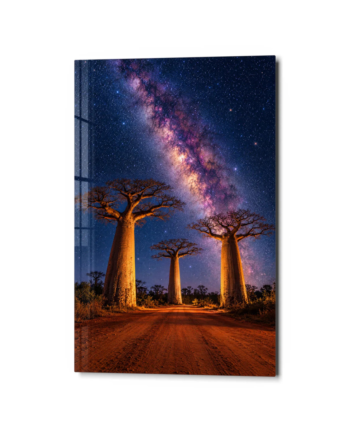 Baobabs Under the Milky Way — studio view of glass wall art