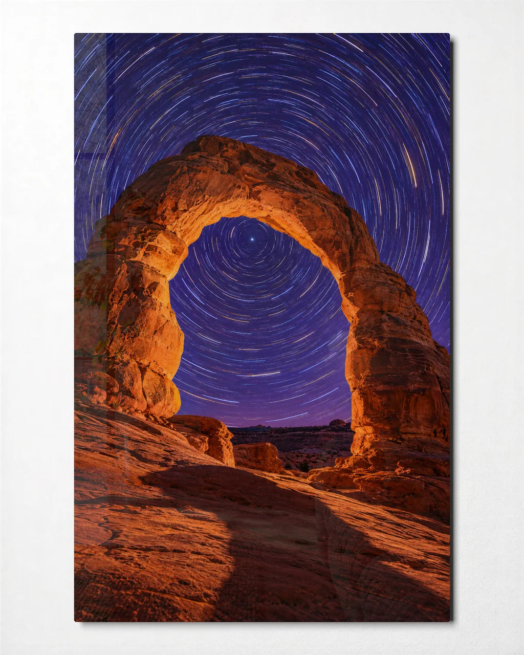Star Trails Over the Arch — front view of glass wall art
