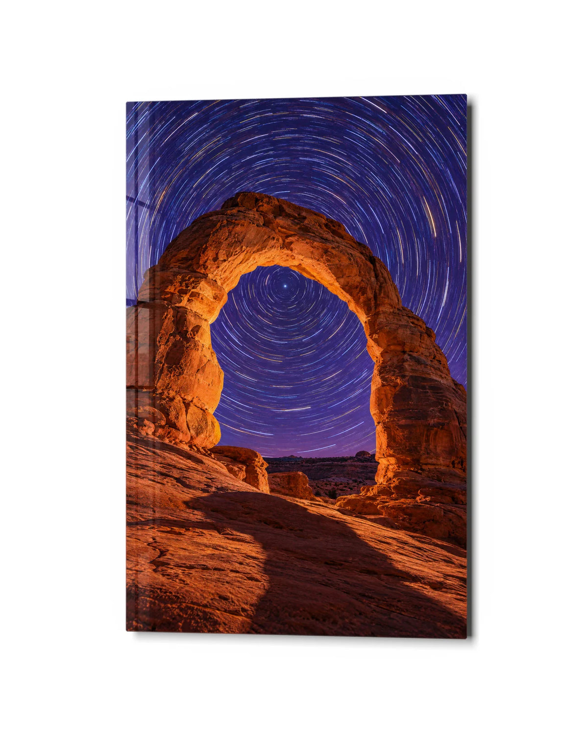 Star Trails Over the Arch — studio view of glass wall art