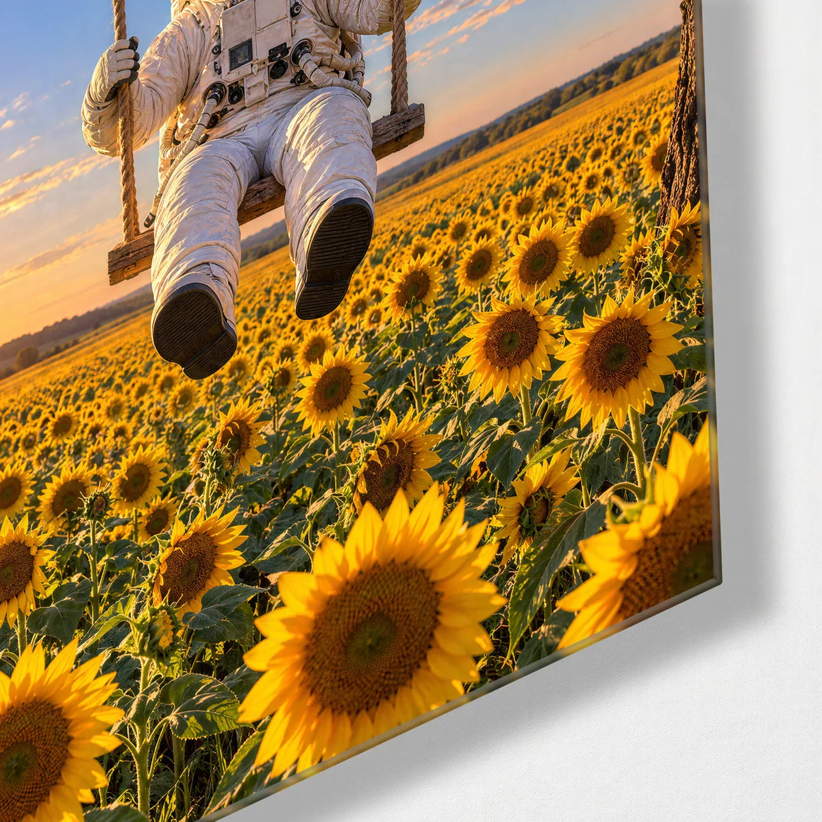 Astronaut in the Sunflowers — corner detail of glass wall art
