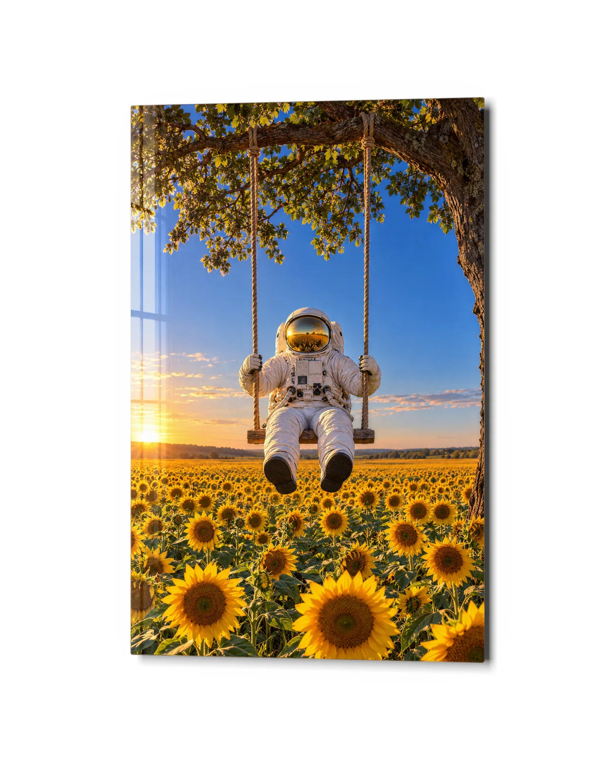 Astronaut in the Sunflowers — studio view of glass wall art