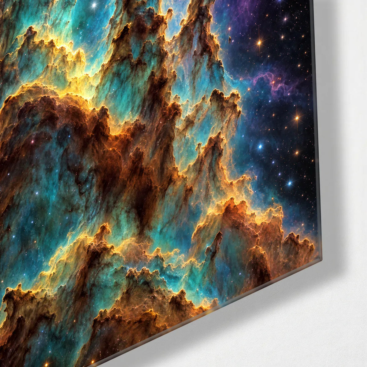 Pillars in Gold — corner detail of glass wall art